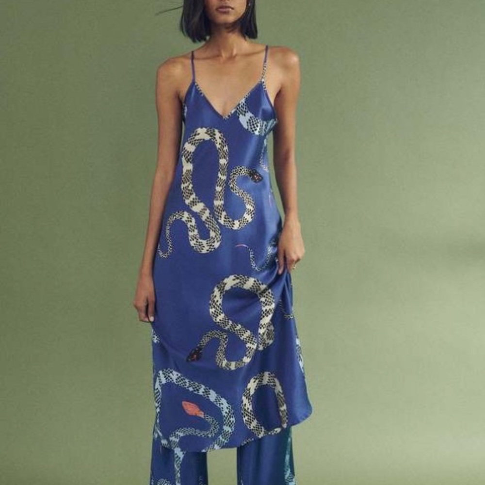 Silk Laundry Slip Dress - Blue Snakes